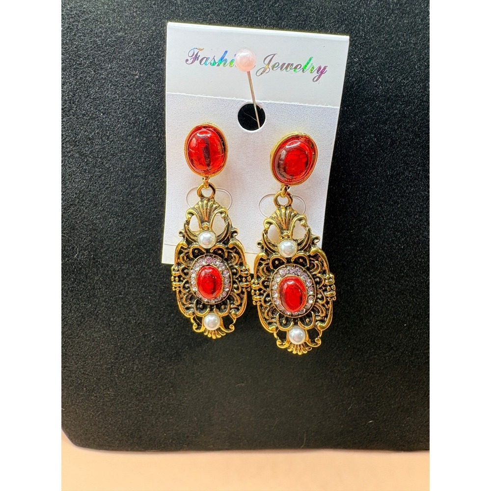 Red Stud Dangle Earrings with Gold Inlay, Pearls and Rhinestones Fashion Jewlery